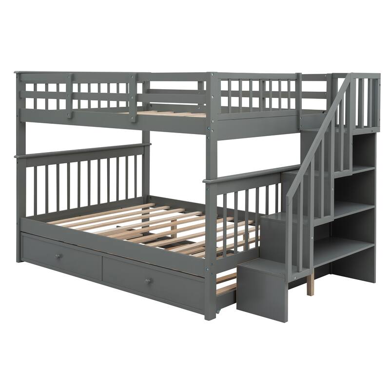Stairway Full-Over-Full Bunk Bed with 1 Twin Trundle, 4 Open Shelves and Guard Rail