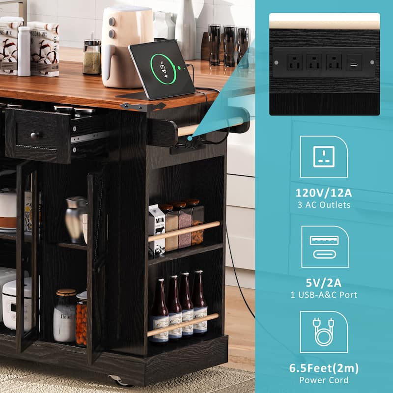 53'' Kitchen Island with Two Tempered Glass Cabinet Doors, Rolling Kitchen Cart on Wheels with Drop Leaf, Power Outlet