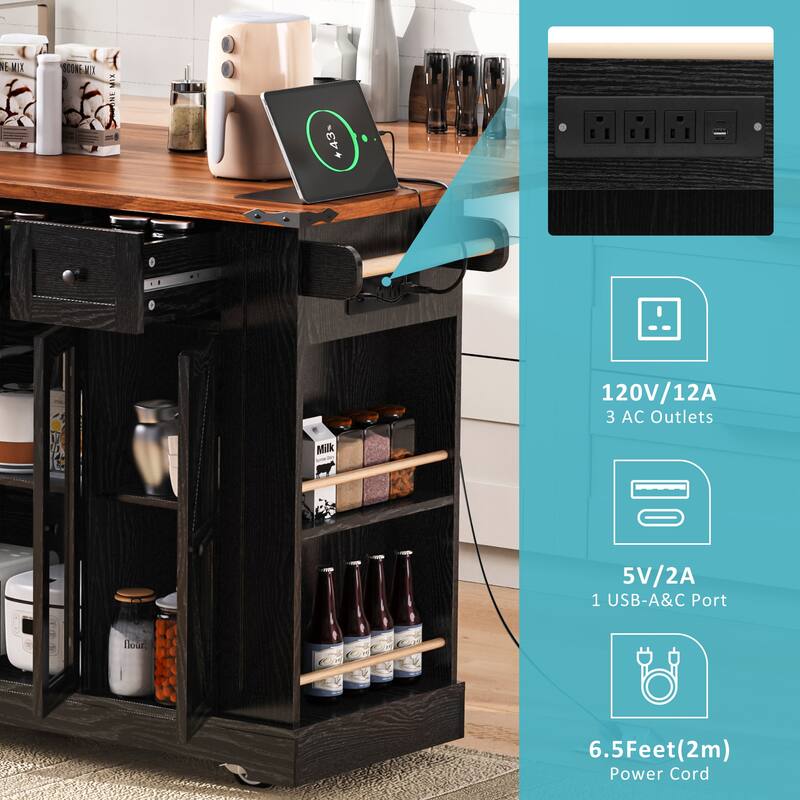 Kitchen Island with Two Tempered Glass Cabinet Doors and Power Outlet, Rolling Storage Cabinet with Drop Leaf, Open Side Racks