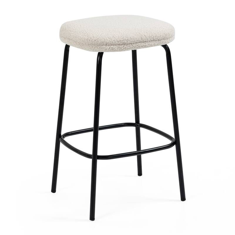 Set of 2 Ayana White Boucle Backless Counter Stool with Black Iron Legs