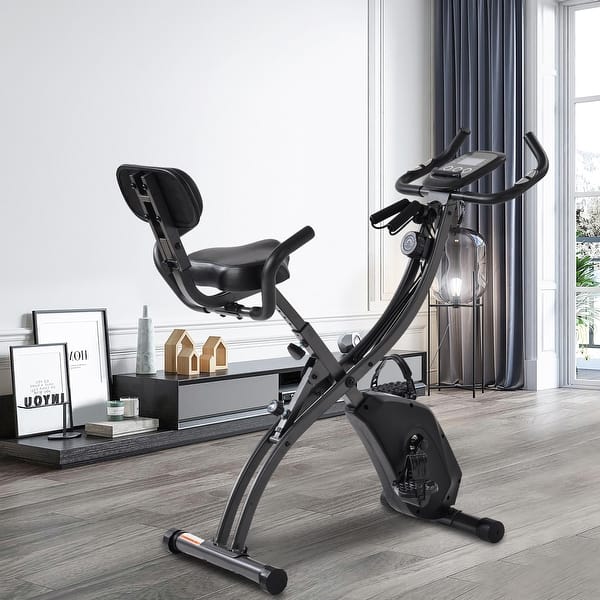 folding stationary bicycle Tousains Foldable Exercise Bike for Home, Exercise Bike with 8-Level Resistance&Adjustable Height, Small Exercise Bike for Apartment, Black shaped design makes stationary bike small but stable YOSUDA Folding Exercise Bike |