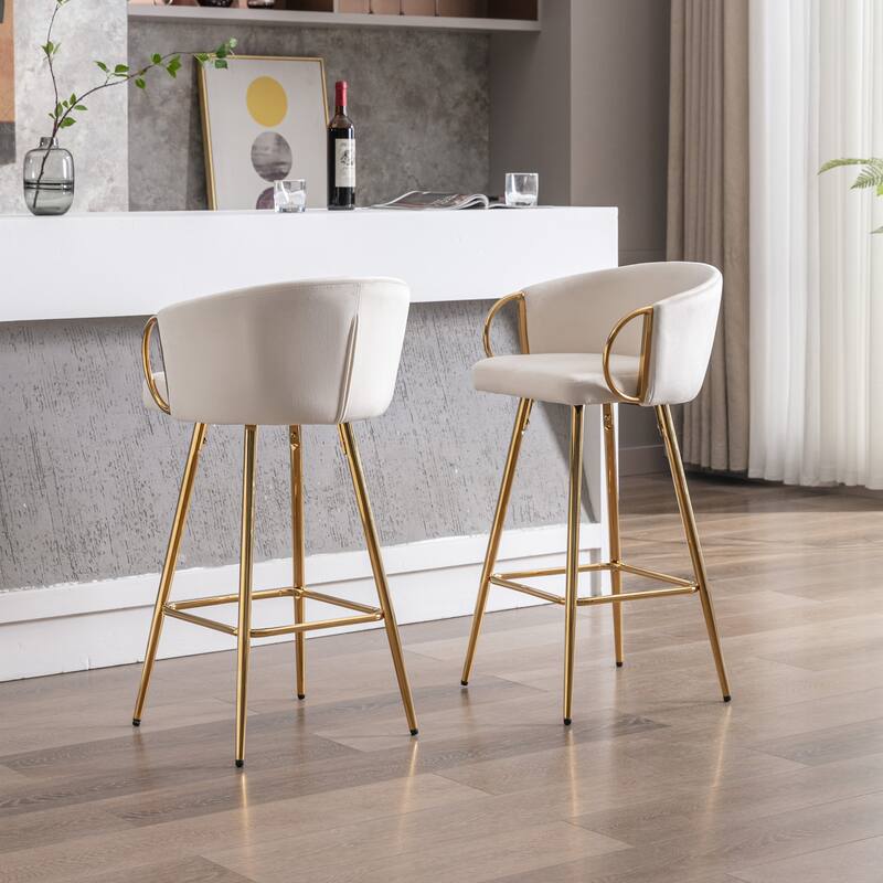 Bar Stools Set of 2, 26 Inch Counter Height Bar Stools Velvet Low Back Chair with Golden Armrest for Kitchen Island, Home Bar