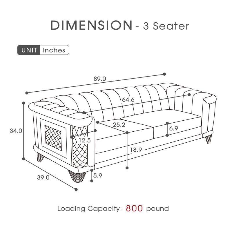 89" Velvet Luxury 3-Seater Sofa and Mid-Century Modern Tufted Couch with Gold Trims and 4 Premium Pillows
