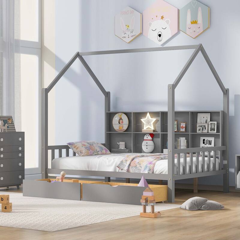 Comfortable Wooden House Bed with 2 Drawers,Kids Bed with Storage Shelf