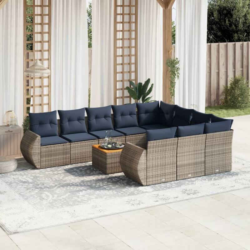 vidaXL 11 Piece Patio Sofa Set with Cushions Gray Poly Rattan - 117.3x33.5x95.7