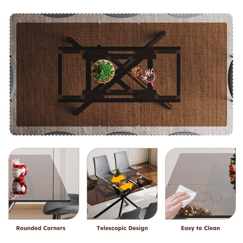 59-inch Modern Rectangle Expandable Dining Table with Retractable Leaf, Black Sandblasted Glass Top & Carbon Steel X-Base