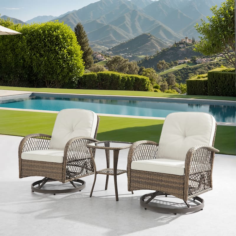 Corvus Helicon 3-Piece Outdoor Wicker Swivel Chat Set with Cushions and Glass Side Table