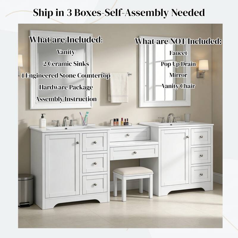 Christopher Knight Home - Wooden 84 Inches Double Sink Bathroom Vanity (Separate Sink) with Engineered Stone Countertop