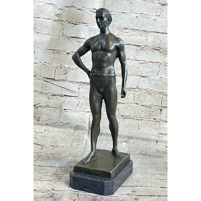 Muscular Male Figure In Loin Cloth Bronze Statue Sculpture Decor On Marble Base