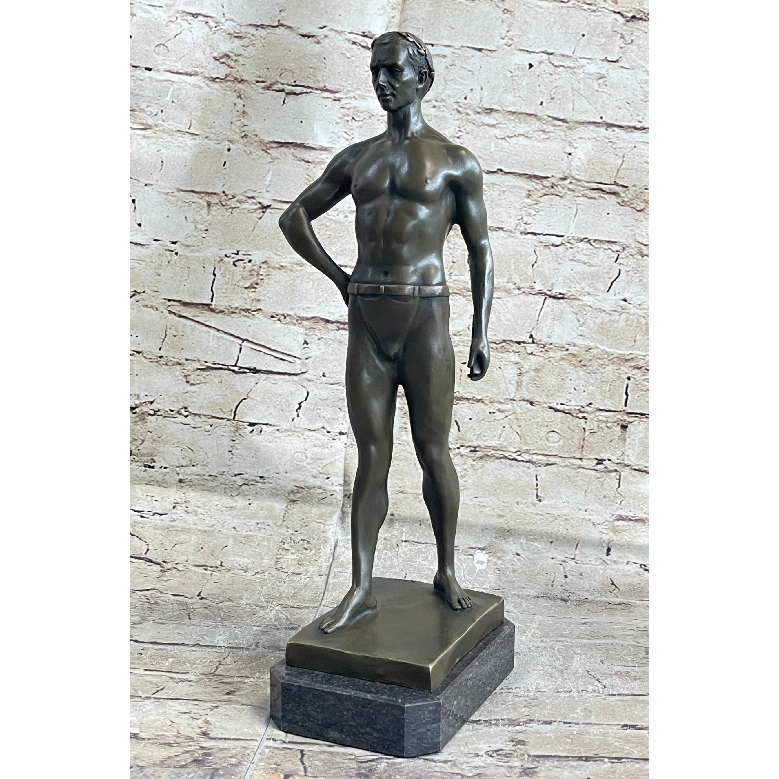 Muscular Male Figure In Loin Cloth Bronze Statue Sculpture Decor On Marble Base