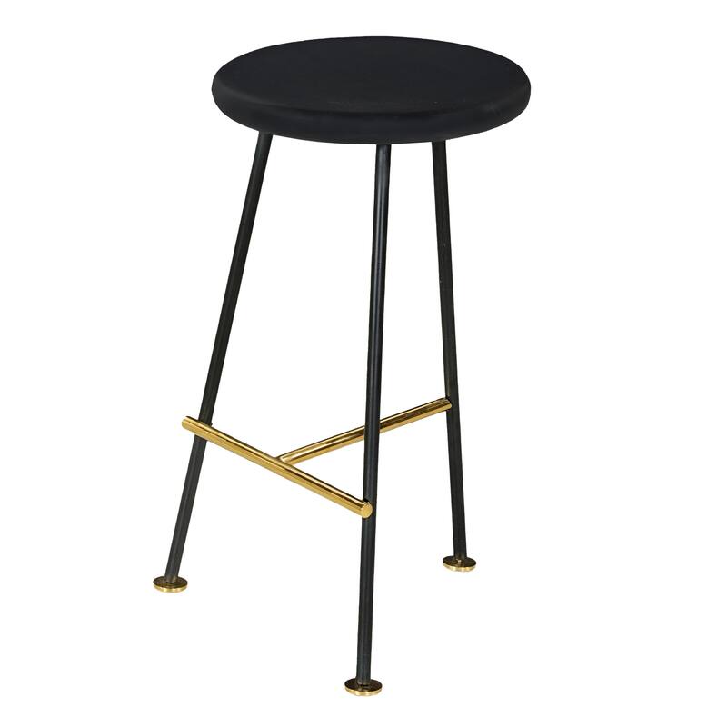 Elira 24 Inch Backless Counter Barstool with Round Mango Wood Seat. Black Iron Legs, Gold Footrest