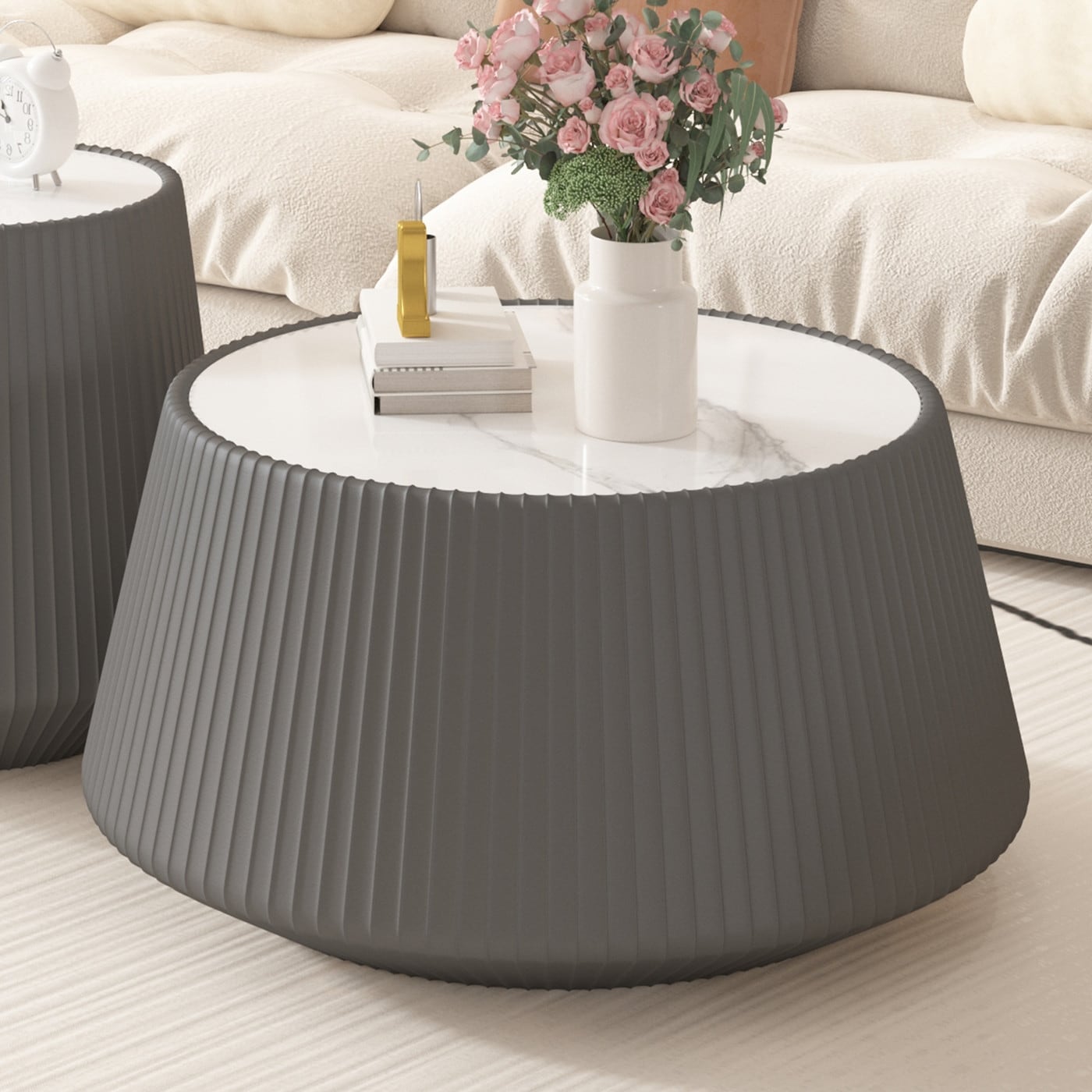 Light Sintered Stone Top with Unique Grey Pattren Cup Shape Leather Coffee modern Sofa Table