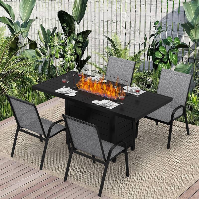 5/7 Pieces Patio Dining Set with Stackable Chairs & Rectangle Fire Table for 4/6 Person, Outdoor Firepit Dining Set
