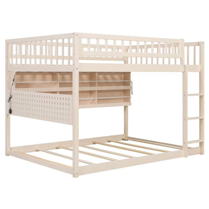 Full XL over Queen/Full over Full Bunk Bed with Integrated Shelving, Color-Changing Lights & Pegboard