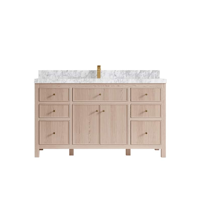 Willow Collections 60 x 22 Sonoma White Oak Wood Single Sink Bathroom Vanity with Quartz or Marble Countertop - 2"Carrara Marble - White Oak