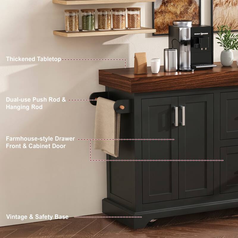 53" Large Kitchen Island with 3.5" Thick Desktop, Spice and Towel Racks & 2 Extra-large Drawers
