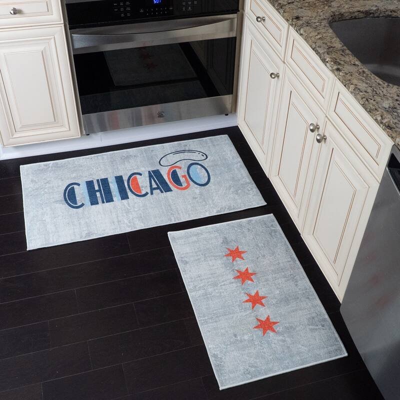 US States Design Non Skid Washable Kitchen Runner Rugs Set of 2 - Set of 44 x 24 and 31.5 x 20 Inches Low Pile Floor Mats - Chicago