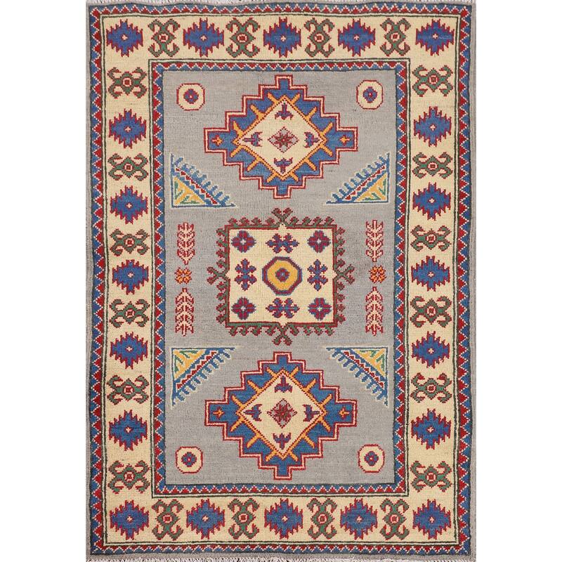 Gray Geometric Kazak Rug Handmade Foyer Wool Carpet - 2'9" x 4'1"