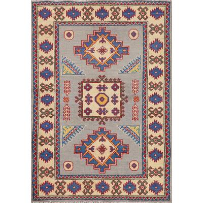 Gray Geometric Kazak Rug Handmade Foyer Wool Carpet - 2'9" x 4'1"