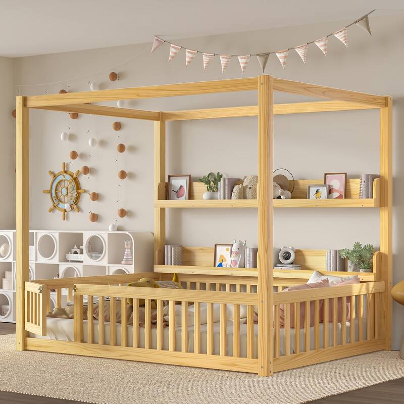 Full/Twin Montessori Floor Bed with Canopy, Guardrails & Shelves