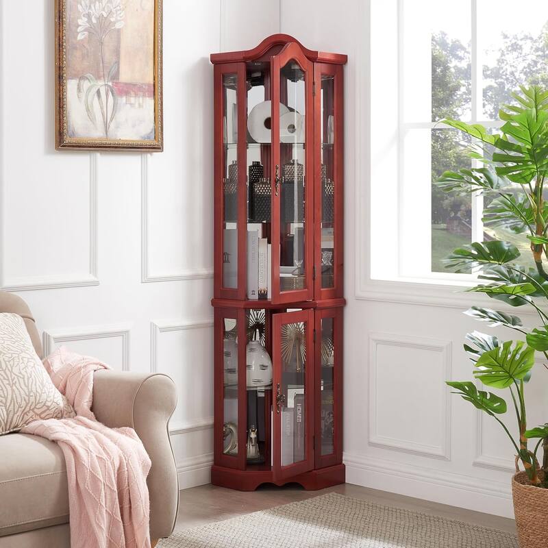 Roomfitters Lighted Glass Display Curio Cabinet with Tempered Glass Doors and Shelves, Crown Corner Cabinet with Bulb, Corner
