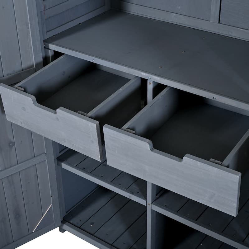 72" Large Patio Garden Shed with Waterproof Roof, Outdoor Storage Cabinet with Workstation & Hooks