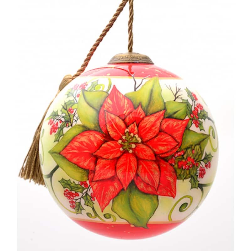 Poinsettia Flower Hand Painted Mouth Blown Glass Ornament - 4" x 4" x 4"