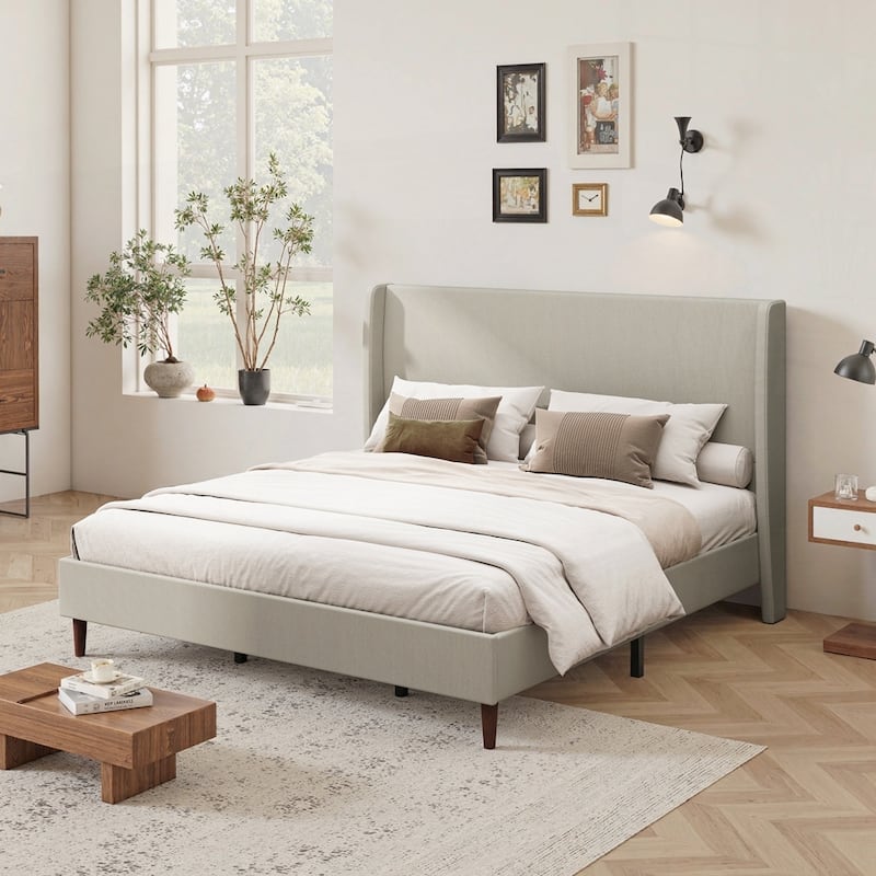 Harper Tall Headboard Upholstered Bed - Beige/Linen Cloth - King