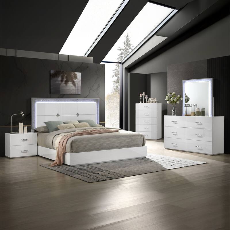 Luxurious LED Silver Rhinestone Trim on Headboard & Beveled Bed Platform Bed