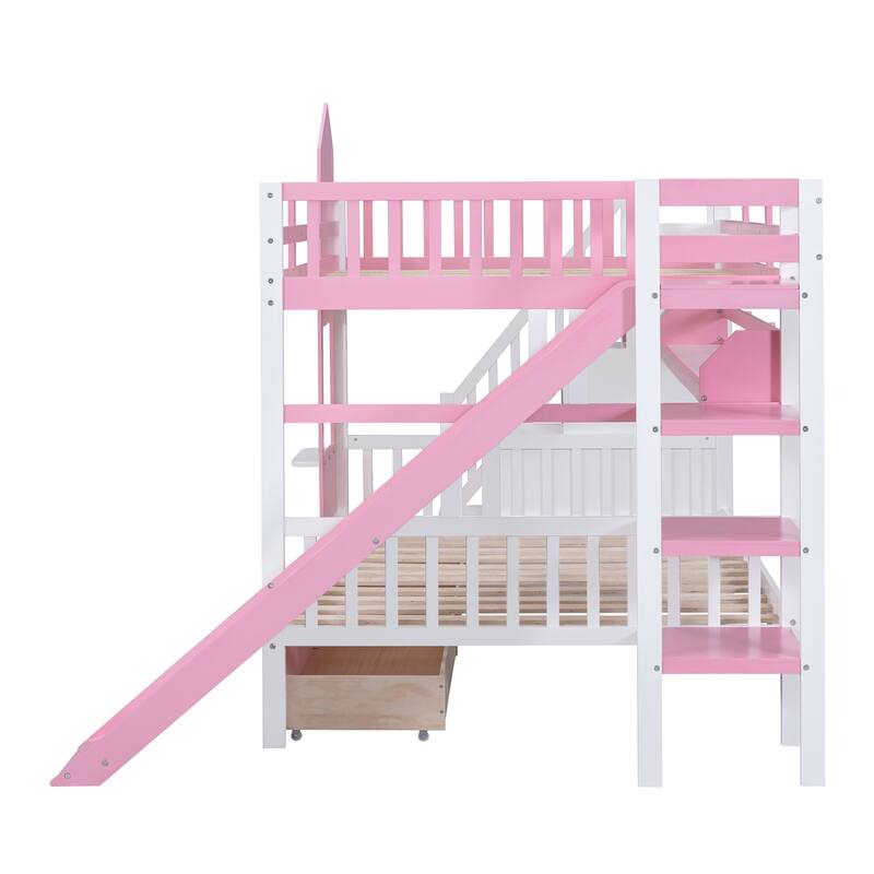 Full-Over-Full Castle Bunk Bed with 2 Drawers Shelves and Slide, Fairytale-Like Atmosphere for Your Lovely Litter Princess