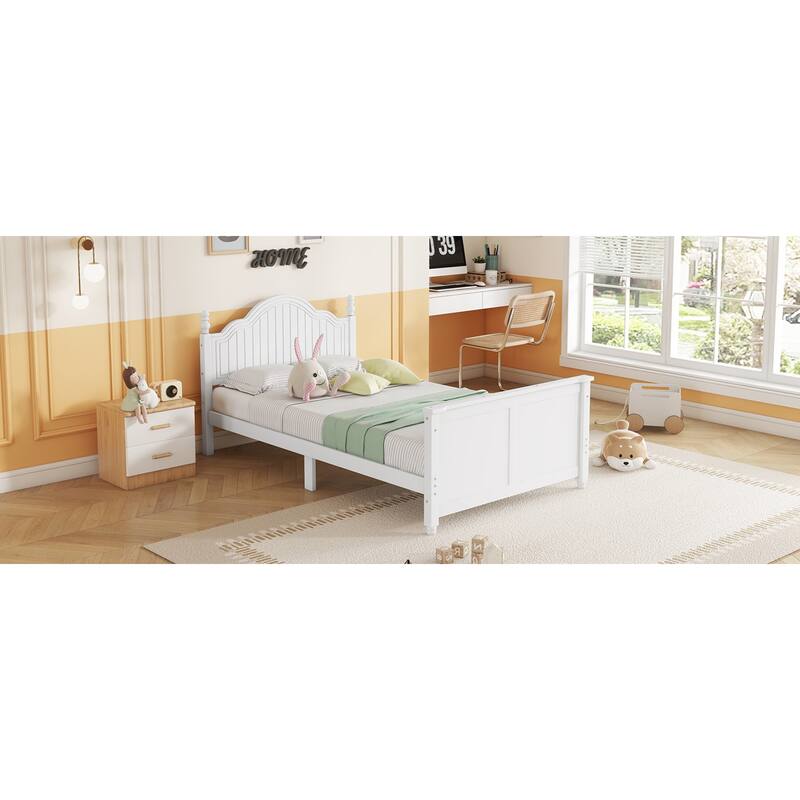 Roomfitters Twin/Full Platform Bed, Slatted Headboard and Removable Guardrails with Wooden Frame for Bedrooms or Guest Rooms