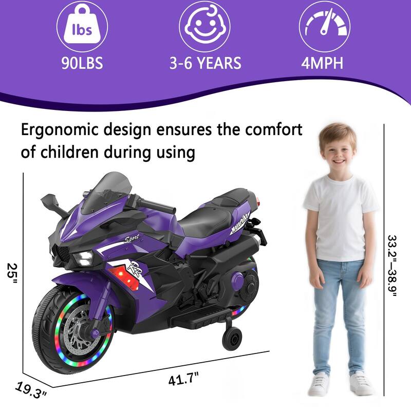 12V Kids Electric Motorcycle for Ages 3-4, 4MPH Max Speed, Bluetooth & USB Music, 90 lb Capacity