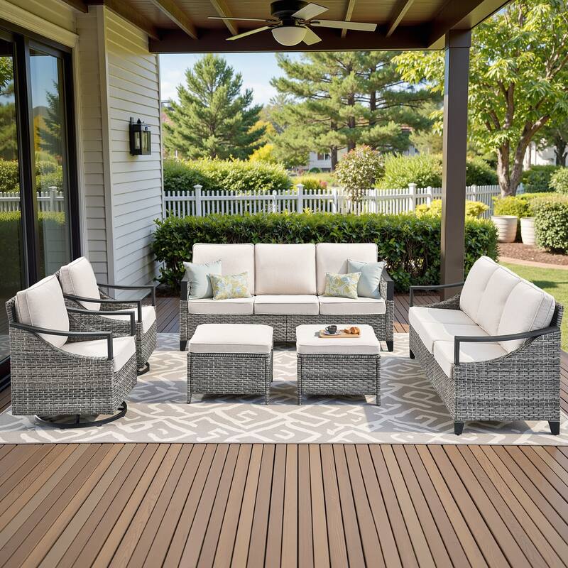 Pocassy Outdoor Sofa Swivel Patio Chair Table with Ottoman Set - Gray Wicker Beige Cushion - 6-Piece Sofa Swivel Chair with Ottoman