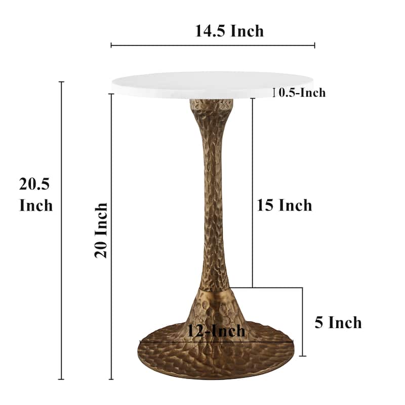 Tyler 20.5 Inch Accent Side Table Round White Marble Top, Antique Brass, Hammered Pedestal Base