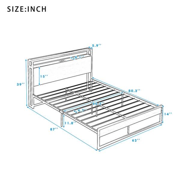 White Queen Size Metal Platform Bed Frame with Sockets, USB Ports and