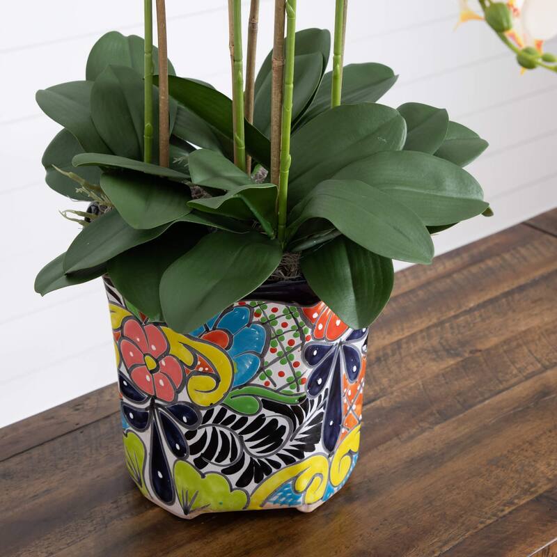 Orchid Artificial Floral Arrangement with Mexican Talavera Planter - 36" - White