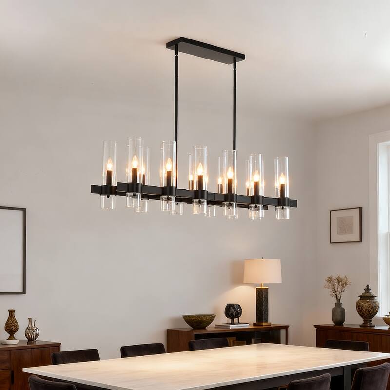 Black Chandelier Linear with Clear Glass Shade, 12-Lights Farmhouse Ceiling Hanging Fixture Over Table,NO INCLUDED BULBS