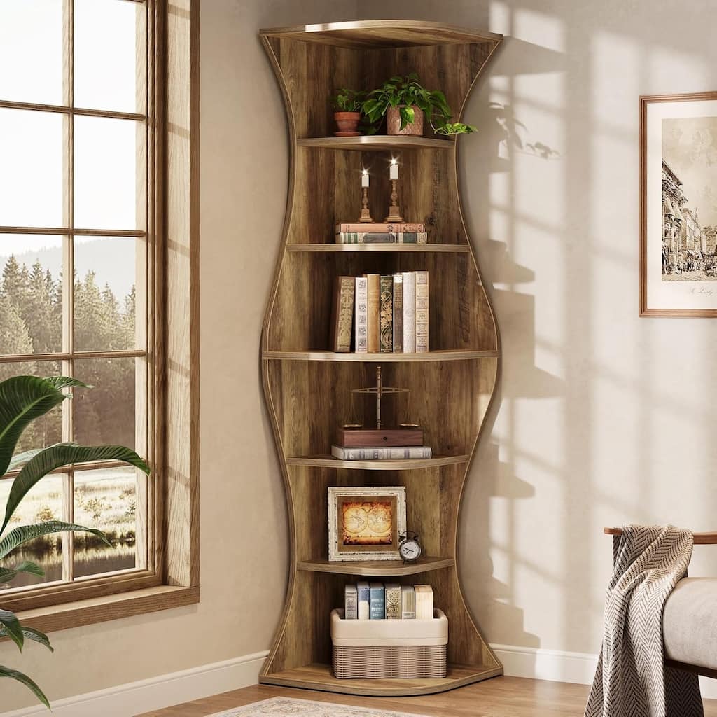 73-Inch Brown MDF Corner Bookcase, 6-Tier Corner Shelf for Living Room