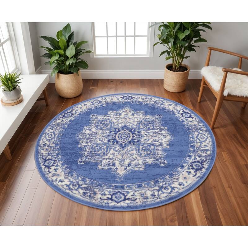 Guqo Power Loomed Geometric Floral Stain Resistant Area Rug By HomeRoots - 96' X '96' X '0.39 - 96' X '96' X '0.39 - Cream/Onyx - Round