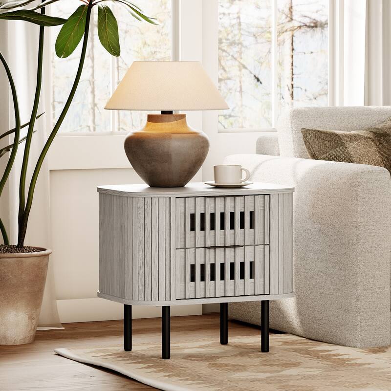 WAMPAT Fluted Nightstand with 2 Drawers,Wood End Table for Bedroom, Living Room - White Washed - 4-drawer