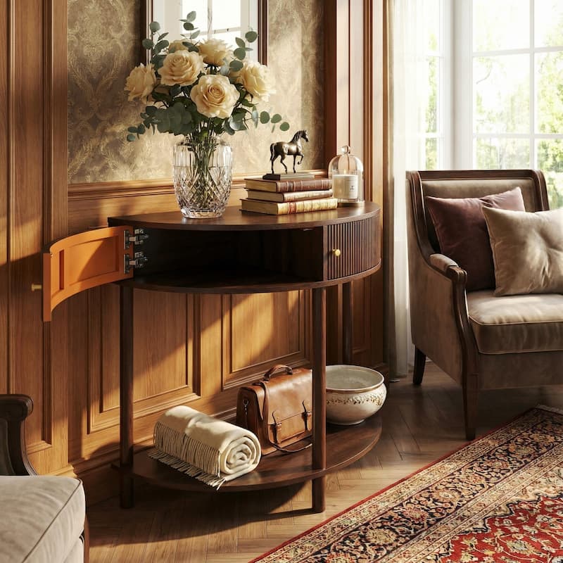 Homy Casa 31.5" Demi-Lune Console Table with 2 Drawers & Shelf, Wave-Pattern Front, Solid Wood Legs, Multiple Colors - Artisan-Crafted - Brown - MDF