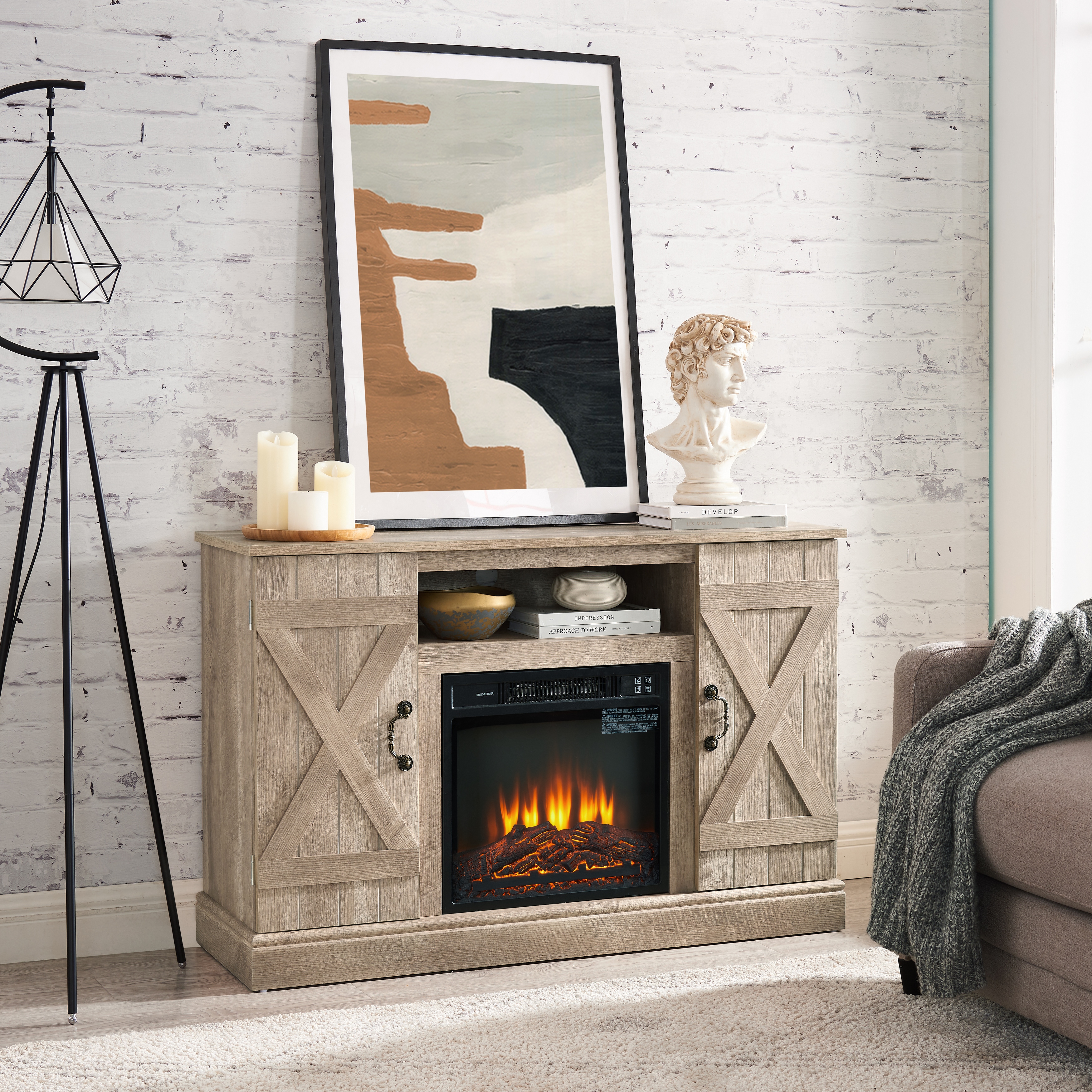 Rustic farmhouse tv stand sales with fireplace