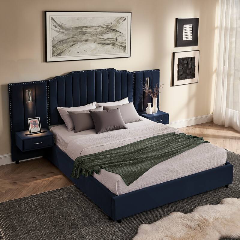 Queen Size Upholstered Bed Frame with Velvet Fabric, Vertical Stripe Design with Buttons Around Platform Bed