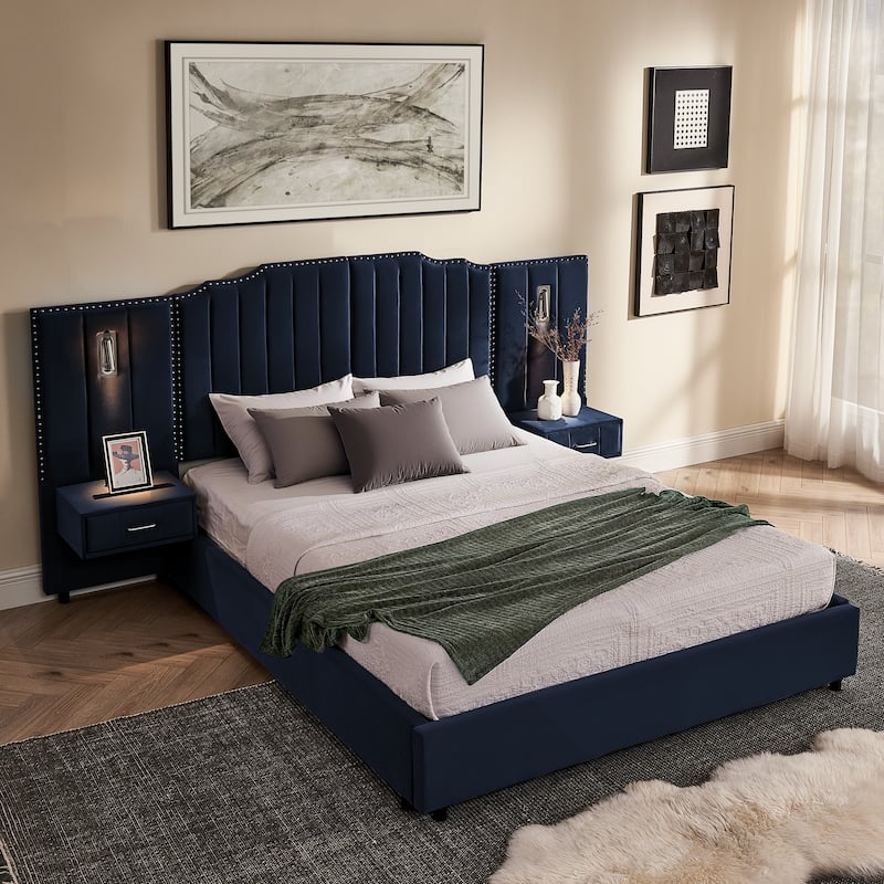 Upholstered Bed, Vertical Stripe Buttons Design Wingback Bed Frame, Velvet Fabric Platform Bed with Bedside Table - Dark Blue - Queen