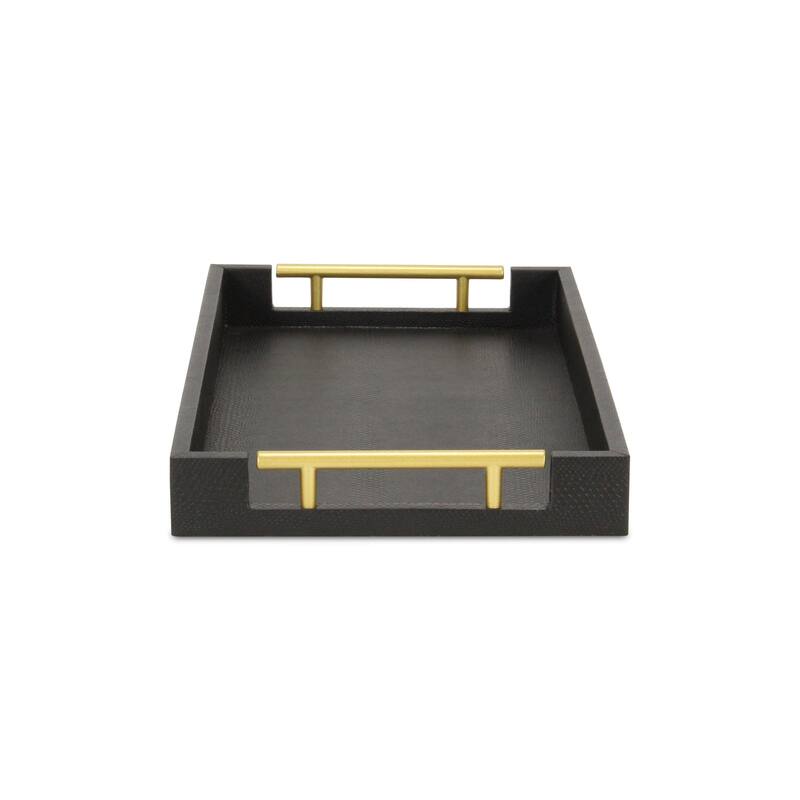 HomeRoots 16" Black Wood Faux Shagreen Serving Tray With Handles - 15.75 in. x 1.75 in. x 9.50 in.