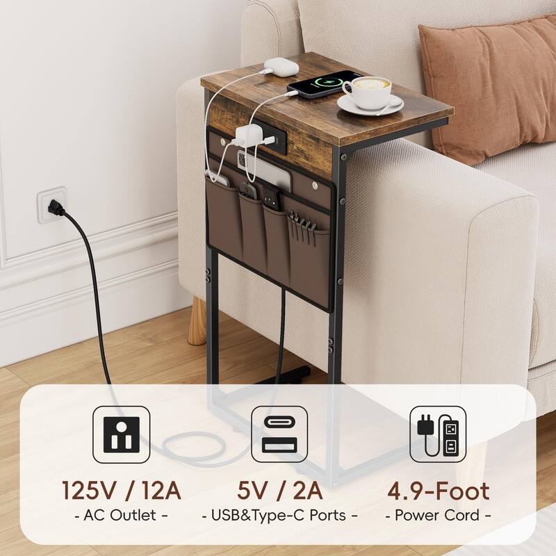 C Shaped End Table with Charging Station - 16.35"D x 10.84"W x 28.23"H