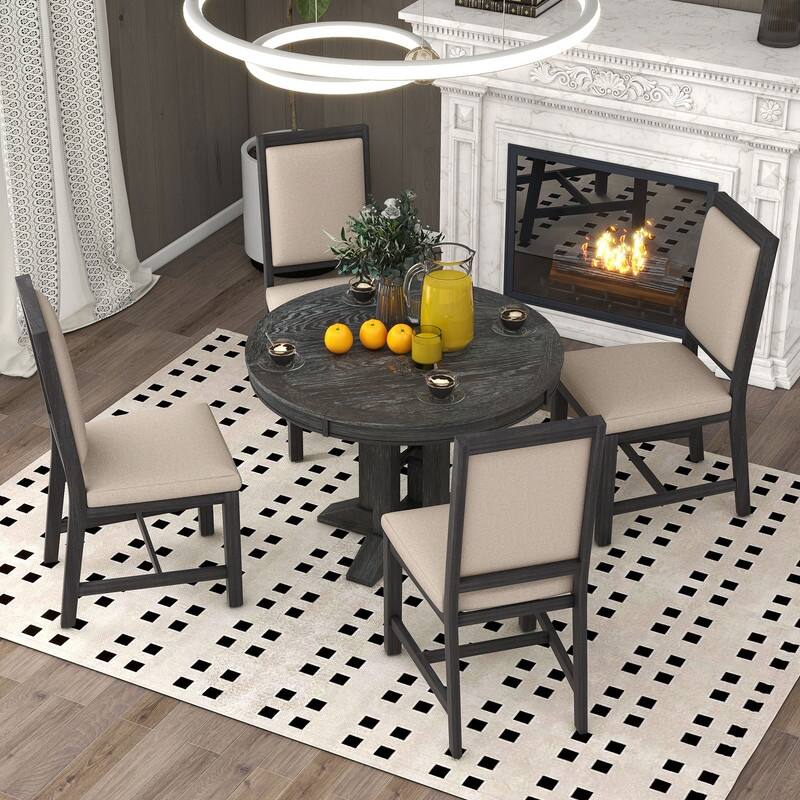 Spruce & Spring Round Dining Table Set for 4, Extendable 5-Piece Mid Century Modern Farmhouse Table with Upholstered Chairs