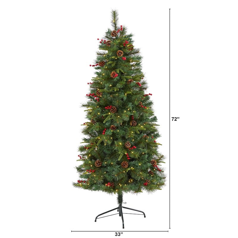 6Ft Artificial Christmas Tree with Lights - Holiday Decor, Pine Cones & Berries, Realistic Design - Green - 72