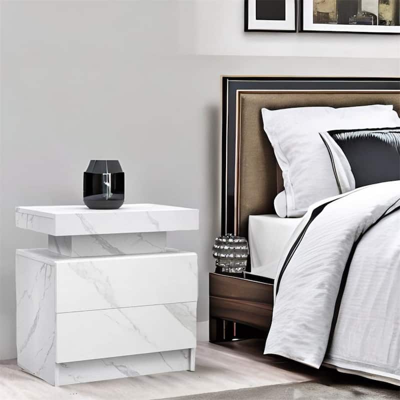 Modern Bedroom Nightstand with LED Lights Decoration and 2 Drawers - Matte White