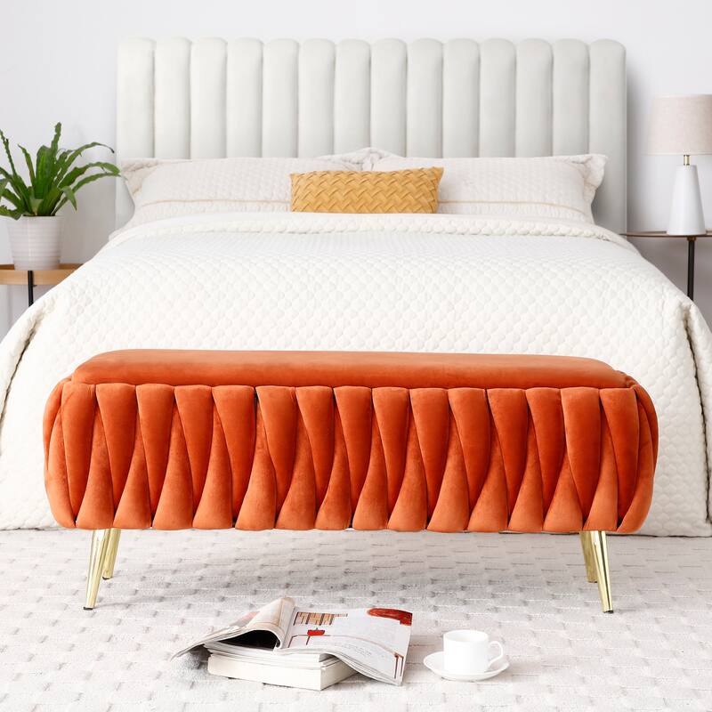 Oval Storage Bench with Gold Legs,Velvet Fabric Upholstered Ottoman Storage Benches for Bedroom End of Bed,Sherpa Fabric Bench